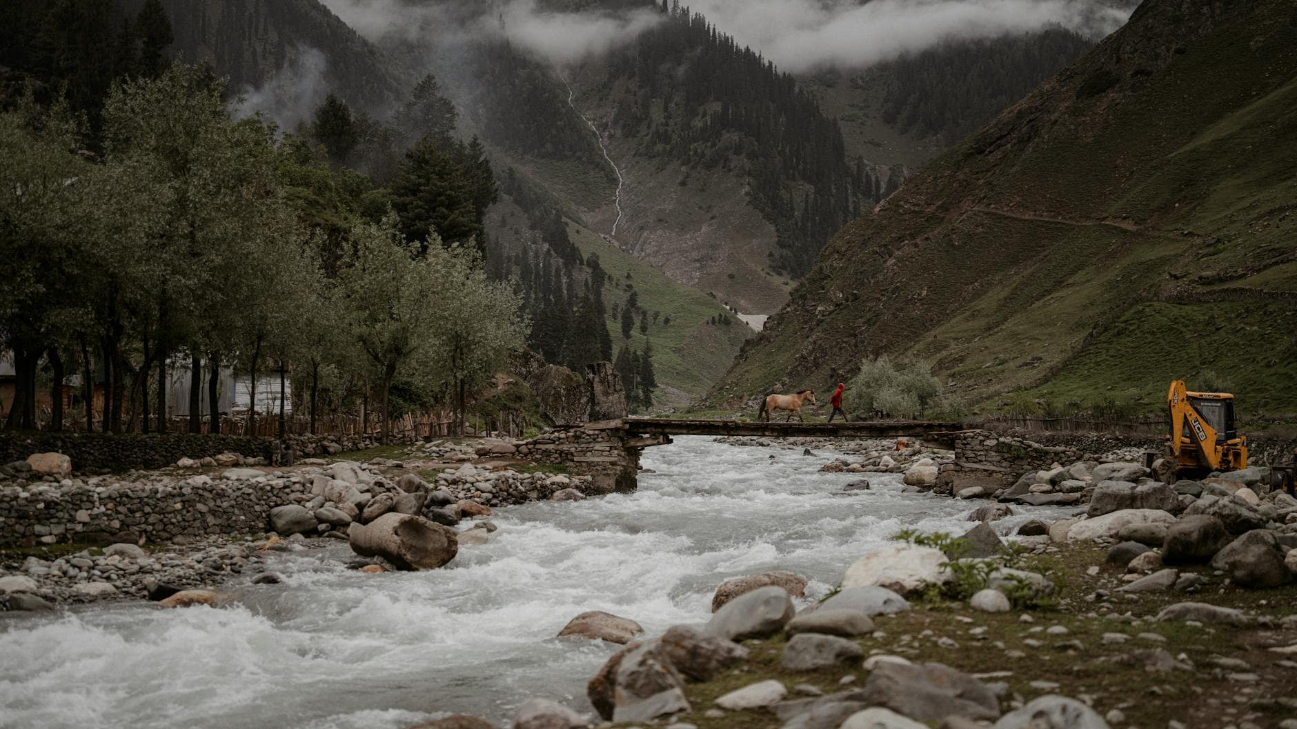 scenic river crossing in kashmir valley
