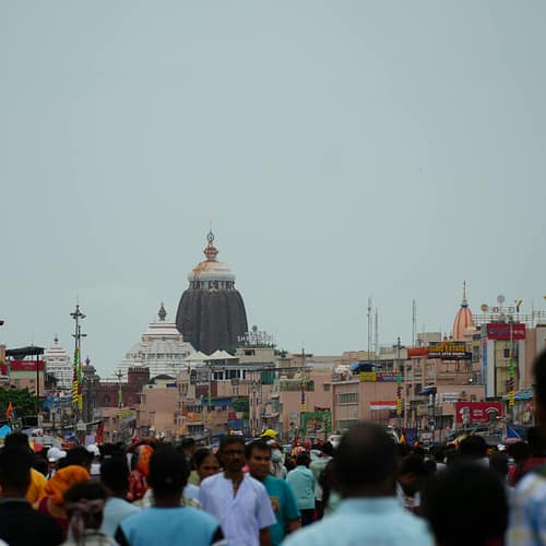bustling street scene near jagannath temple in puri