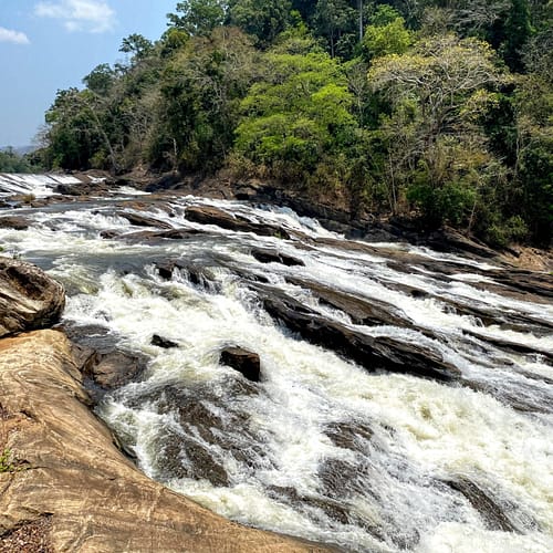 Water dances through the rocks in a forest waterfall, a symphony of nature’s rhythm. Vazhachal Waterfalls, Kerala.