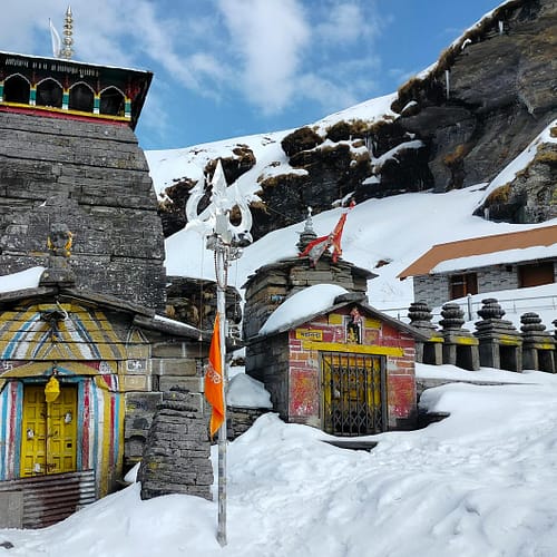 hindu temple in the mountains in winter