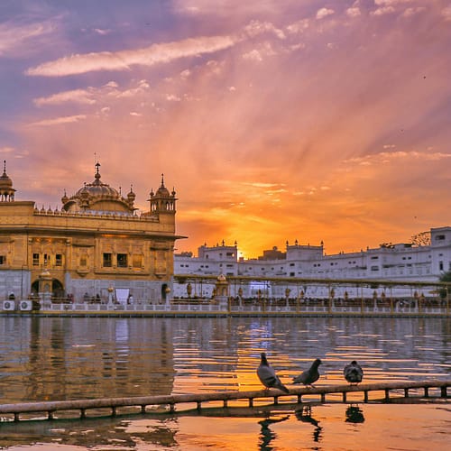 golden temple near water in evening