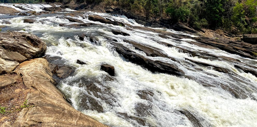Water dances through the rocks in a forest waterfall, a symphony of nature’s rhythm. Vazhachal Waterfalls, Kerala.
